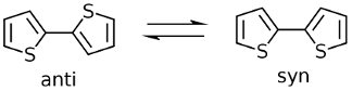 2つのチオフェン環のSが同じ方向がsyn型で逆向きの場合がanti型．Sの隣の炭素で結合した構造を有する．